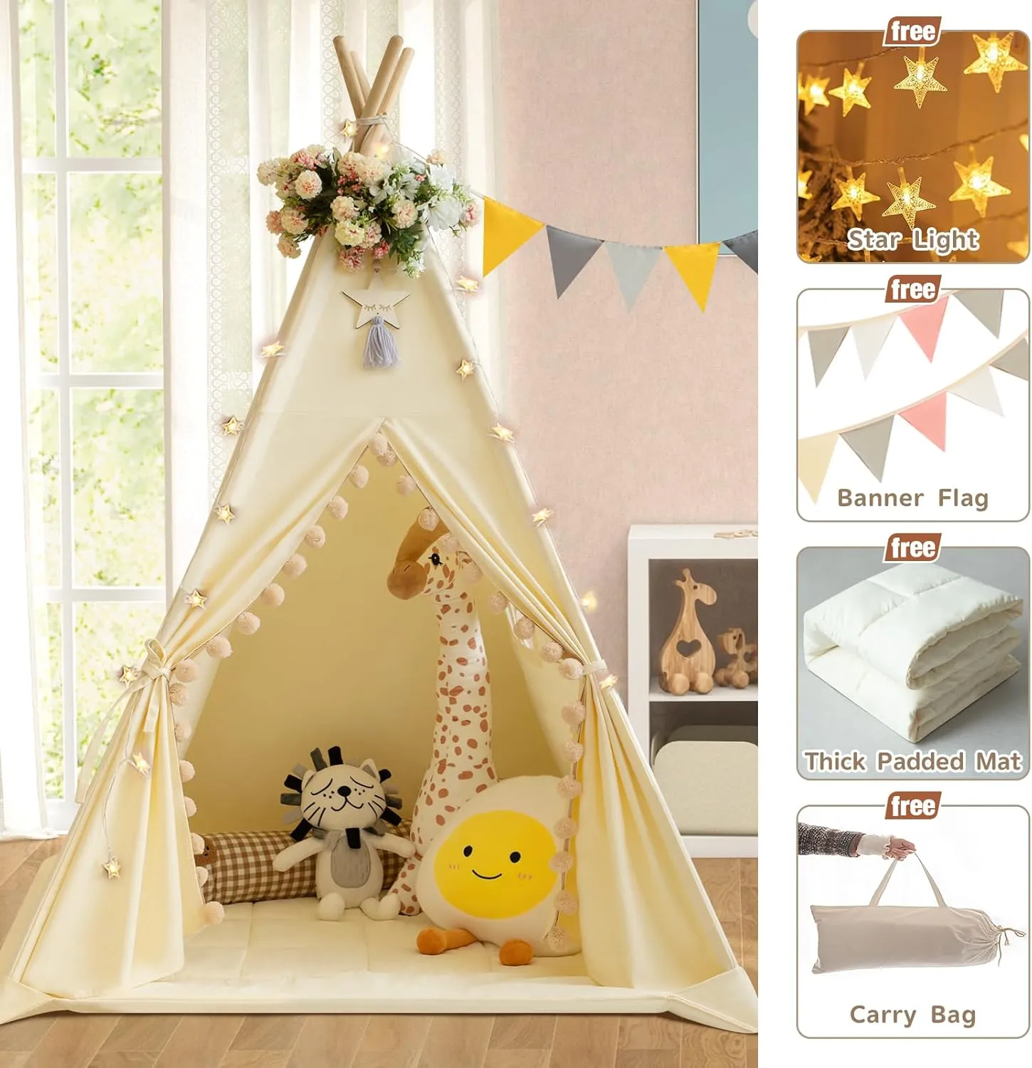 Teepee Tent for Kids With Padded Mat, Cotton Canvas, Pompom, Stars Lights, Carry Bag, Banner Flag - Indoor Play for Toddlers, Girls, Boys (Cream)