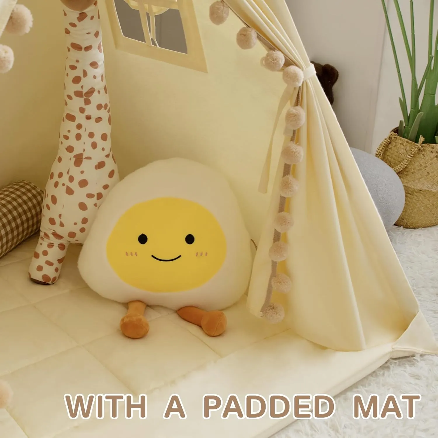 Teepee Tent for Kids With Padded Mat, Cotton Canvas, Pompom, Stars Lights, Carry Bag, Banner Flag - Indoor Play for Toddlers, Girls, Boys (Cream)