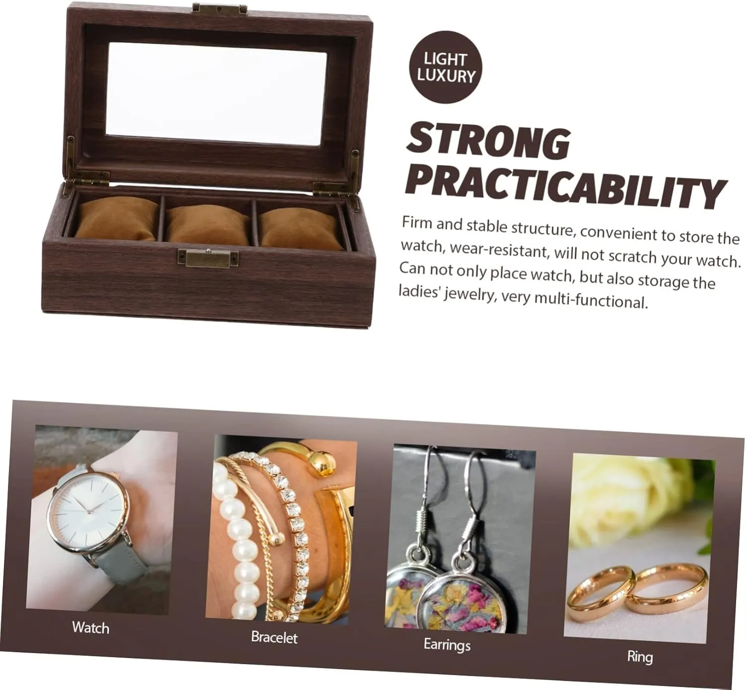 TENDYCOCO Box Men Handbags Vanity Pastry Display Winder Organiser Holder Automatic Watch for Watches Pocket Gold Organizer Clear with Collapsible Spinner Jewelry Chain Digital Brown Glass