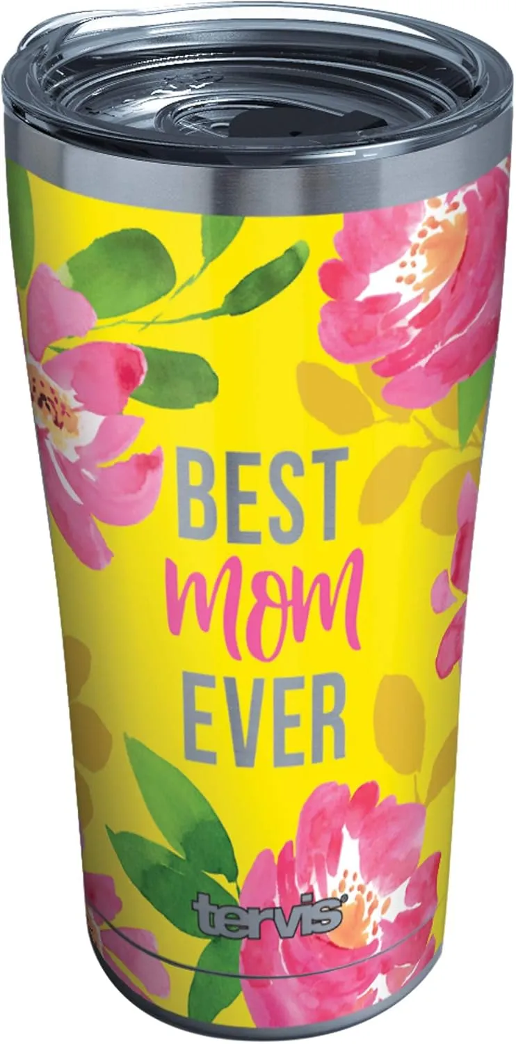 Tervis Best Mom Ever Yellow Floral Triple Walled Insulated Tumbler Travel Cup Keeps Drinks Cold & Hot, 20oz Legacy, Stainless Steel