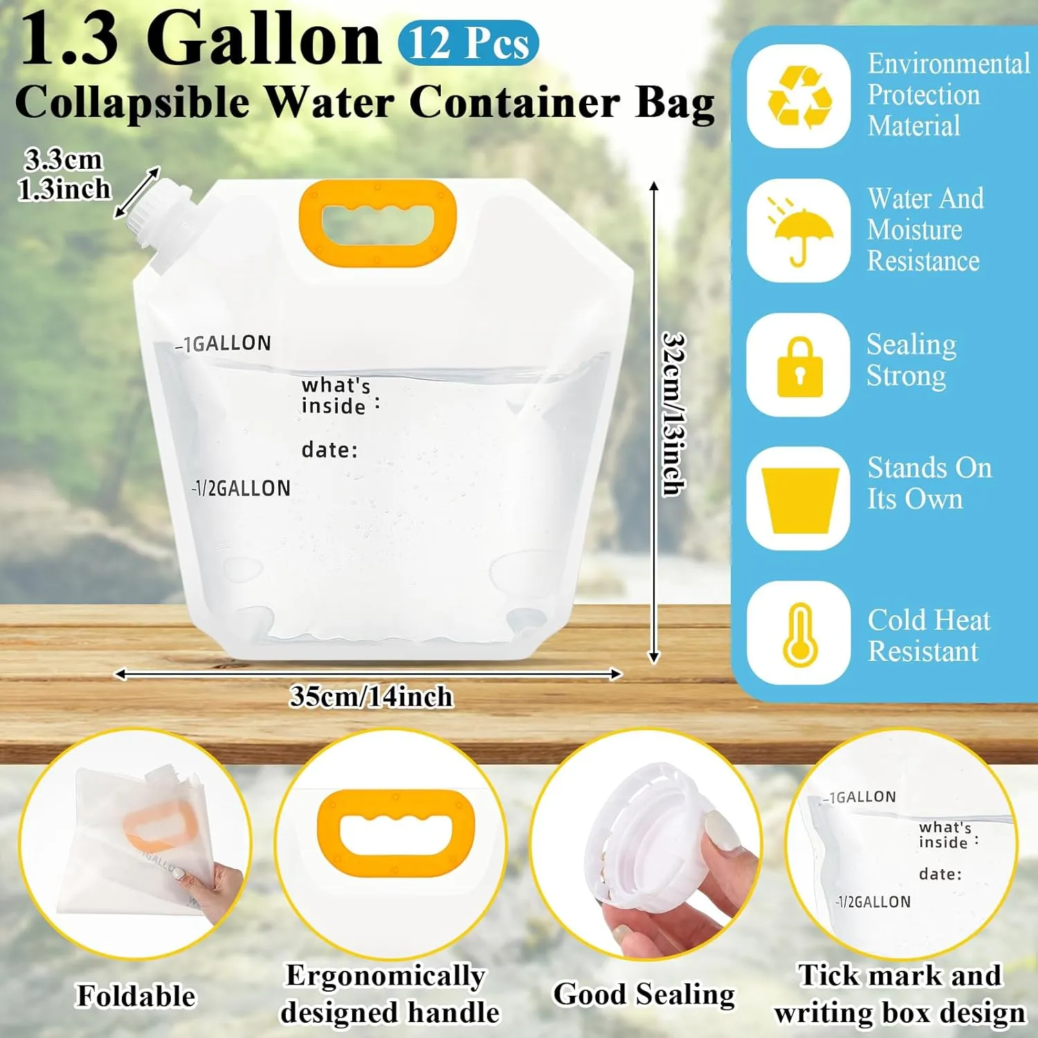 Tessco 12 Pack 1.3 Gallon Collapsible Water Storage Bag Water Container Bag Emergency Jug Foldable Plastic Storage Pouch Freezable Carrier Tank for Outdoor Sport Camping(Clear,Scale Line)