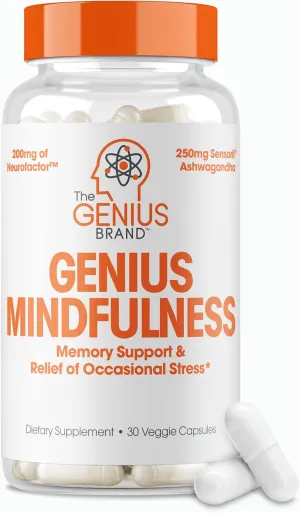 The Genius Brand - Genius Mindfulness Natural Calming Supplement with Ashwagandha, NeuroFactor, & Blueberry Extract, Nootropic Cognitive Brain Booster Enhances Memory, Focus & Energy - 30 Capsules