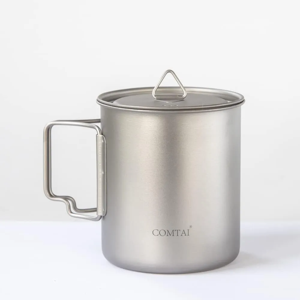 Titanium Pot, 420ml/15 oz Mug with Lid and Foldable Handle, Outdoor Titanium Cup for Hiking Camping Cooking-Silver