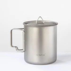 Titanium Pot, 420ml/15 oz Mug with Lid and Foldable Handle, Outdoor Titanium Cup for Hiking Camping Cooking-Silver