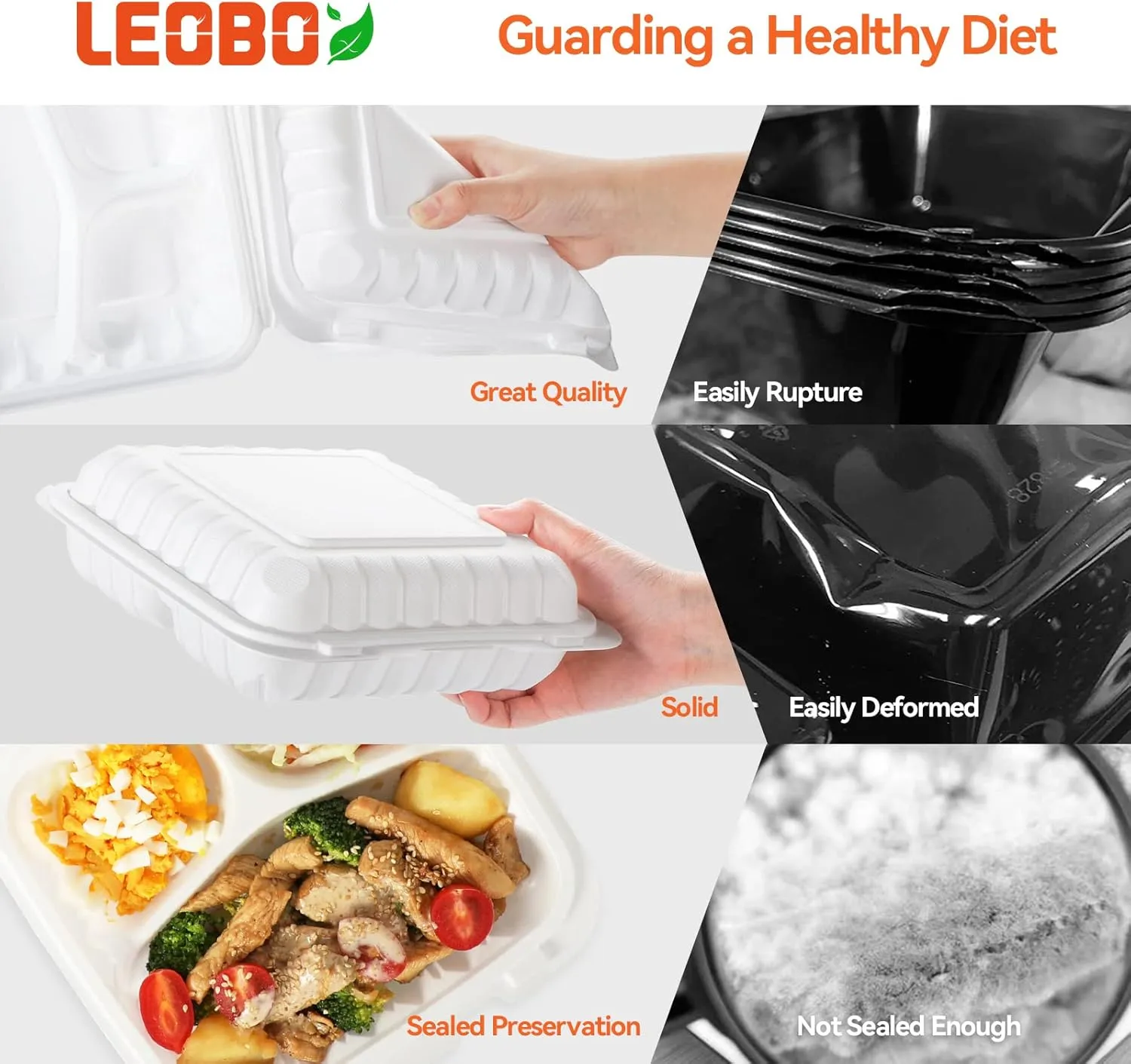 To Go Containers, Reusable 55 Pack BPA Free 3 Compartment Food Container 34 oz MFPP Clamshell Take Out Boxes