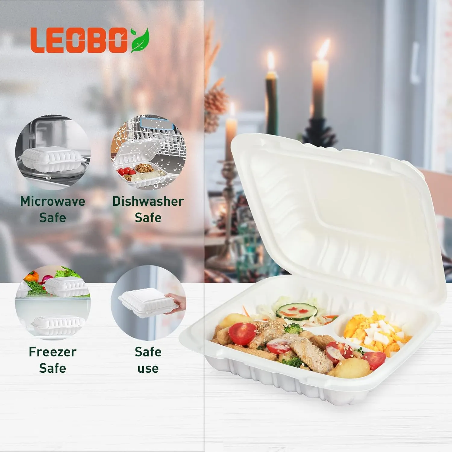To Go Containers, Reusable 55 Pack BPA Free 3 Compartment Food Container 34 oz MFPP Clamshell Take Out Boxes
