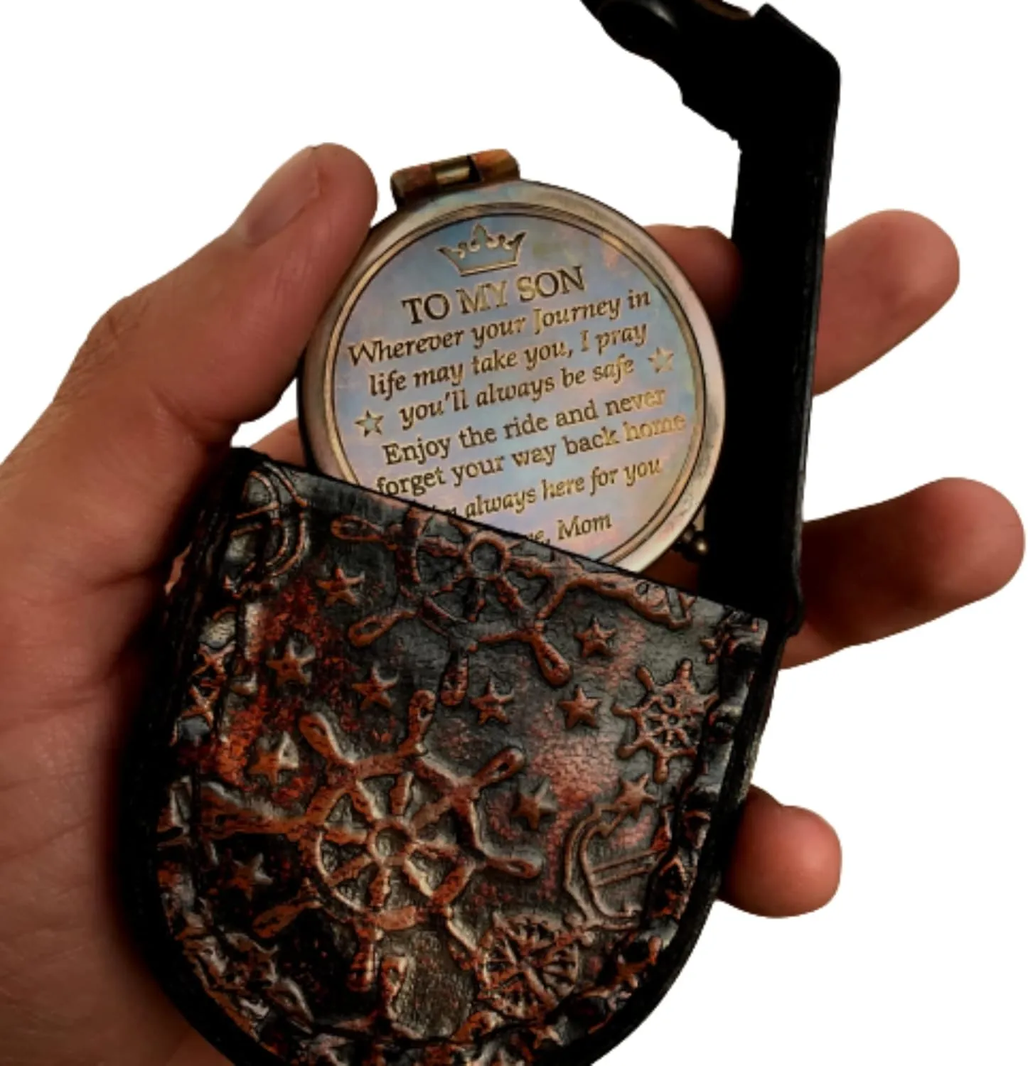 “to My Son” Antique Nautical Brass Engraved Pocket Compass Navigational Compass with Leather Case Mom to Son Compass–to My Son Love Mom–Mother to Son Gifts-Graduation Day Gifts for Son-Gifts for Son