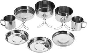 Topyond 8pcs Camping Cookware Kit, Portable Stainless Steel Pot Pan Set with Cups Plates Storage Bag for Camping, Backpacking, Outdoor Cooking and Picnic