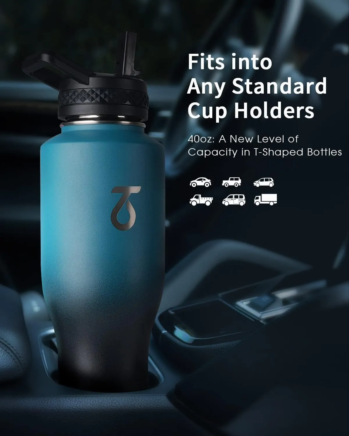 Trebo 40 oz Water Bottle Insulated Fit in Any Car Cup Holder,Triple Wall Vacuum Insulated Water Bottle (Cold for 48 Hrs, Hot for 24 Hrs),Leakproof Stainless Steel Tumbler Flask with Paracord Handle