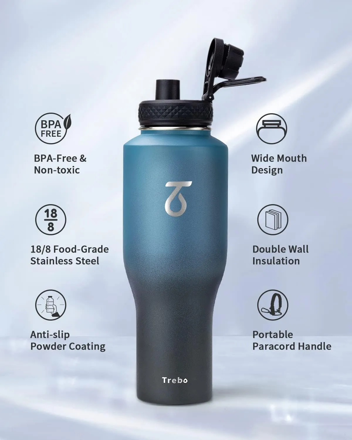 Trebo 40 oz Water Bottle Insulated Fit in Any Car Cup Holder,Triple Wall Vacuum Insulated Water Bottle (Cold for 48 Hrs, Hot for 24 Hrs),Leakproof Stainless Steel Tumbler Flask with Paracord Handle