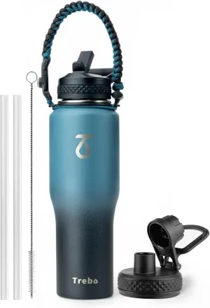 Trebo 40 oz Water Bottle Insulated Fit in Any Car Cup Holder,Triple Wall Vacuum Insulated Water Bottle (Cold for 48 Hrs, Hot for 24 Hrs),Leakproof Stainless Steel Tumbler Flask with Paracord Handle