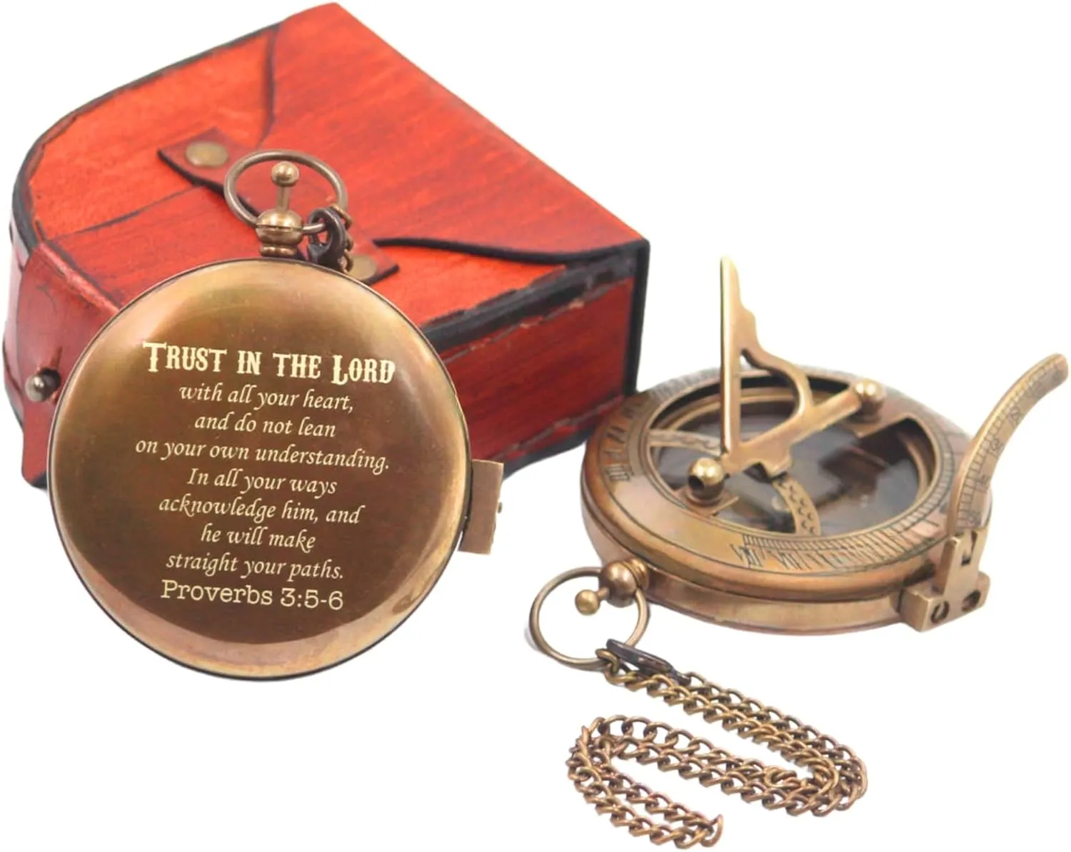 Trust in The Lord Sundial Compass Gift with Leather Case Bible Verse Proverbs 3 5-6, Baptism - Graduation - Religious - Keepsake - Communion Gifts