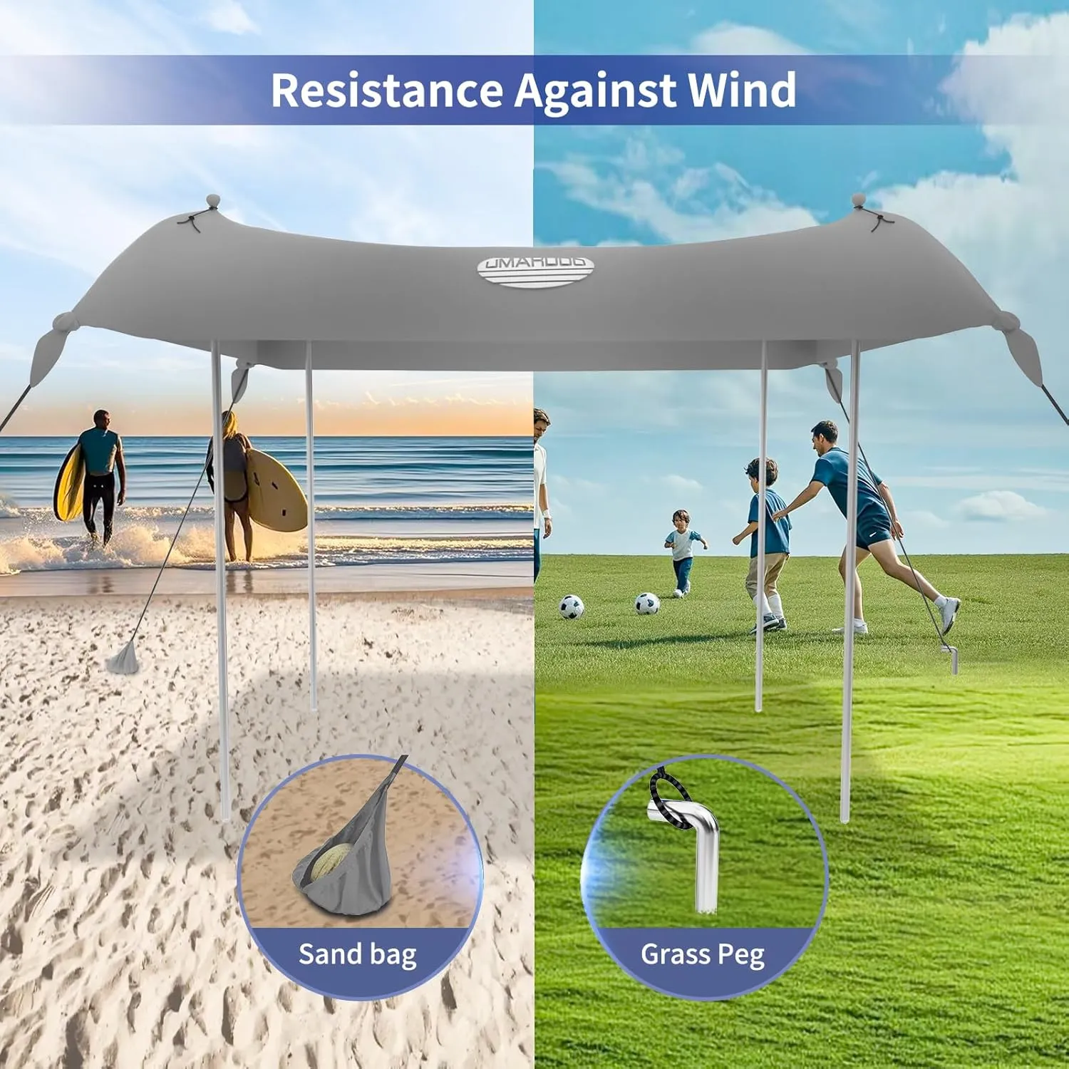 UMARDOO Family Beach Tent Canopy Sun Shade Portable, Large Compact Beach Sun Shelter Easy Setup with Packable Bag for Outdoor Travel (Grey, 10X10 FT. 4Poles)
