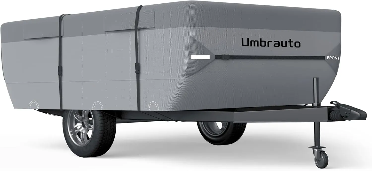 Umbrauto Pop Up Folding Camper Cover Fits 12'-14', Upgraded 7 Layers Top Tent Trailer Cover Waterproof Extra Thick Polypropylene Breathable Ripstop Pop Up Folding Trailer Cover