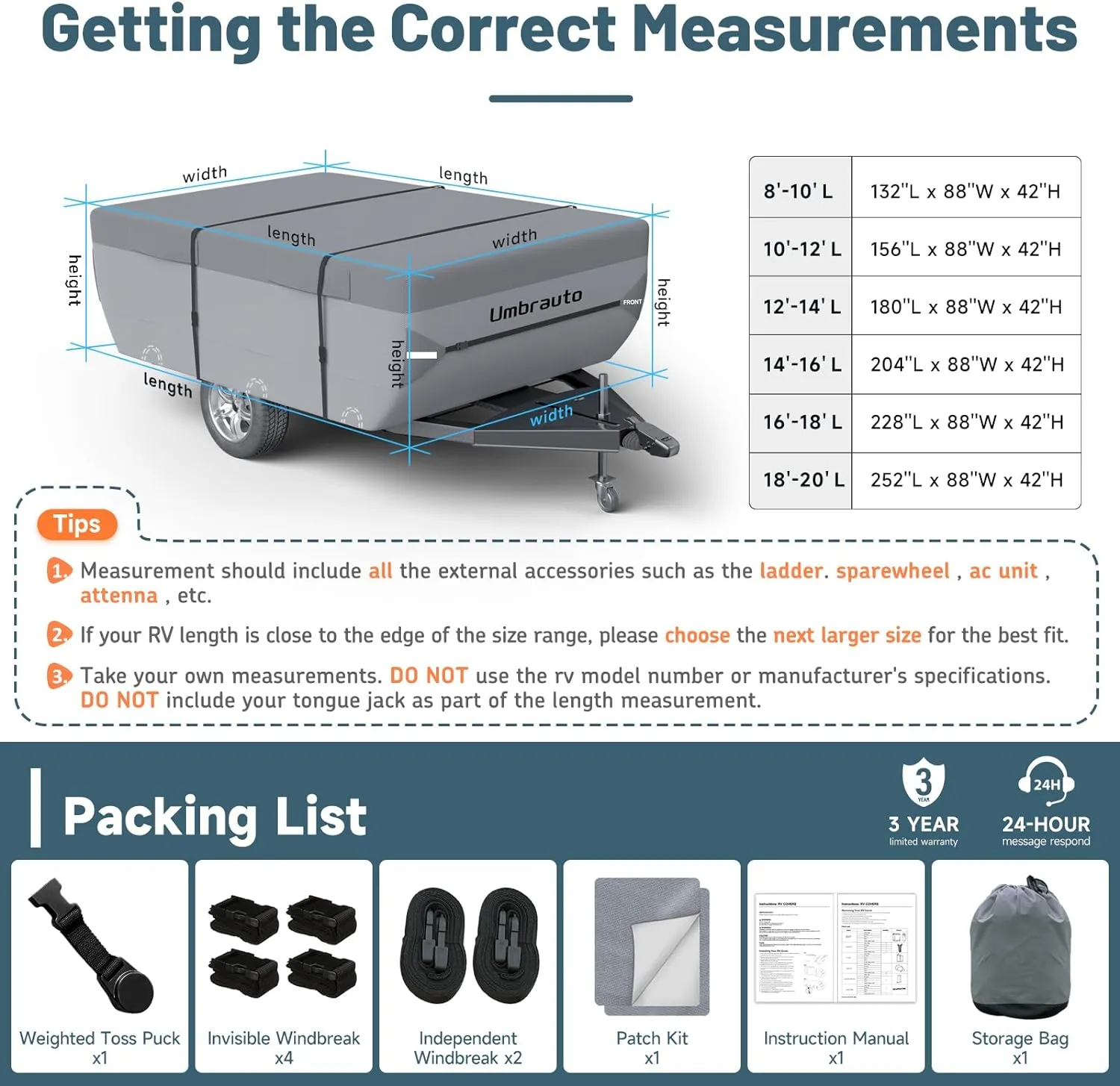Umbrauto Pop Up Folding Camper Cover Fits 12'-14', Upgraded 7 Layers Top Tent Trailer Cover Waterproof Extra Thick Polypropylene Breathable Ripstop Pop Up Folding Trailer Cover