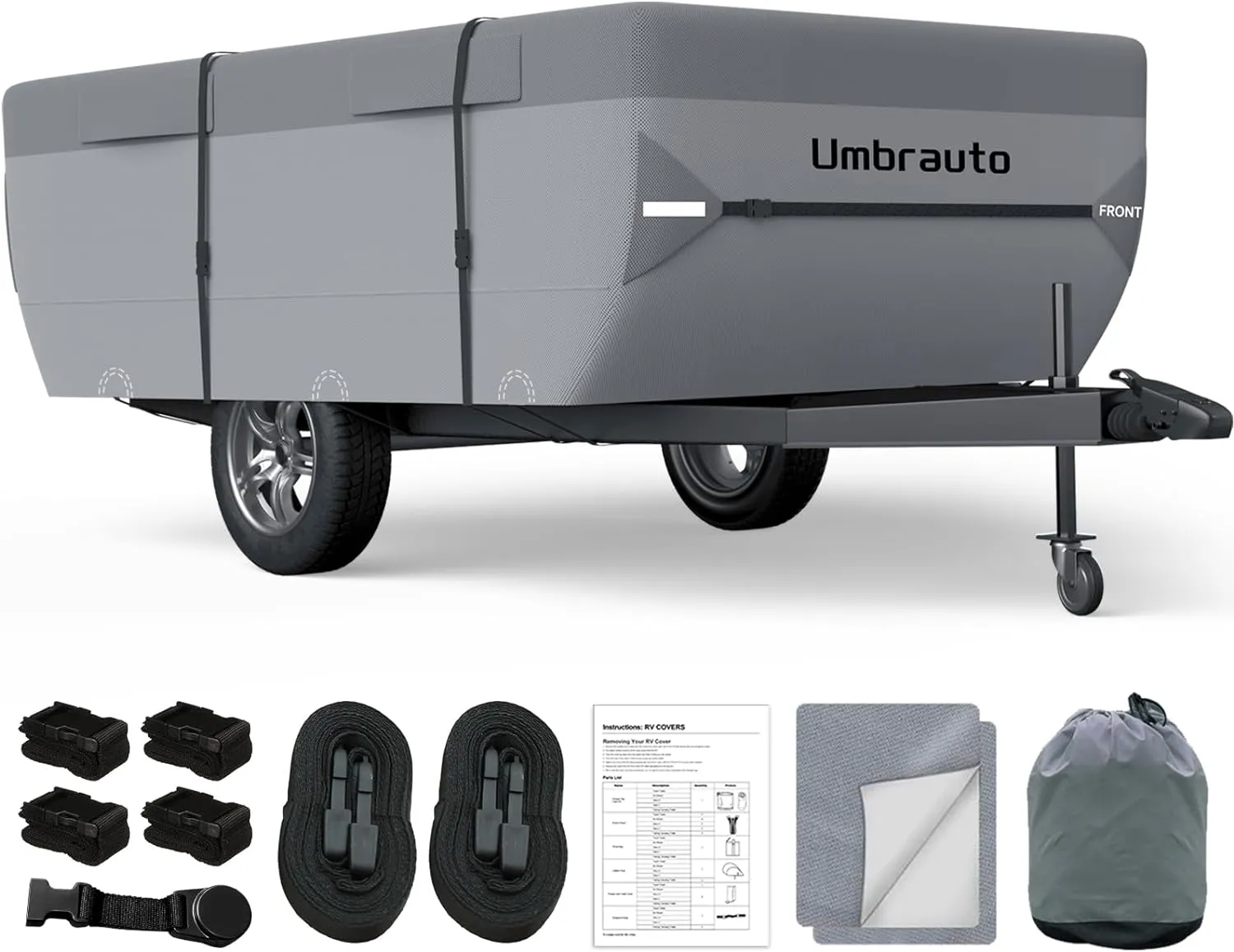 Umbrauto Pop Up Folding Camper Cover Fits 12'-14', Upgraded 7 Layers Top Tent Trailer Cover Waterproof Extra Thick Polypropylene Breathable Ripstop Pop Up Folding Trailer Cover