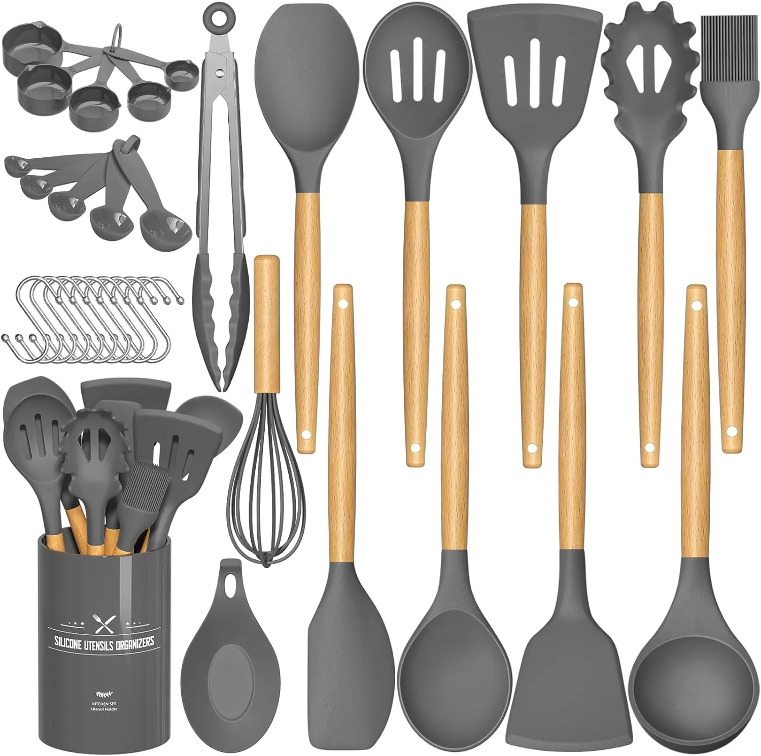 Umite Chef Kitchen Cooking Utensils Set, 33 pcs Non-stick Silicone Utensils Spatula Set with Holder, Wooden Handle Heat Resistant Silicone Kitchen Gadgets Utensil Set (Gray)