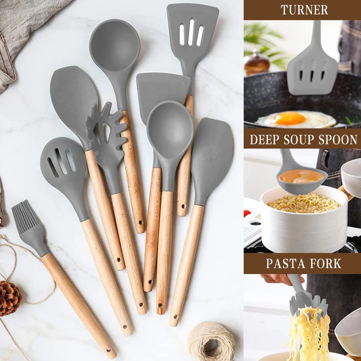 Umite Chef Kitchen Cooking Utensils Set, 33 pcs Non-stick Silicone Utensils Spatula Set with Holder, Wooden Handle Heat Resistant Silicone Kitchen Gadgets Utensil Set (Gray)
