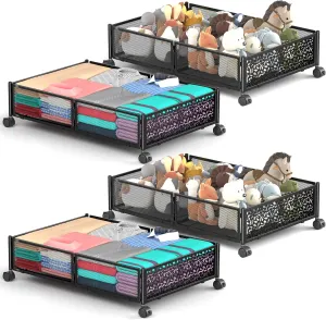 Under Bed Storage With Wheels, 4 Pack Foldable Pattern Carved Metal Under Bed Storage Containers, 60L Rolling Underbed Storage, Easy Assembly Under The Bed Storage for Shoes, Clothes, Blankets...