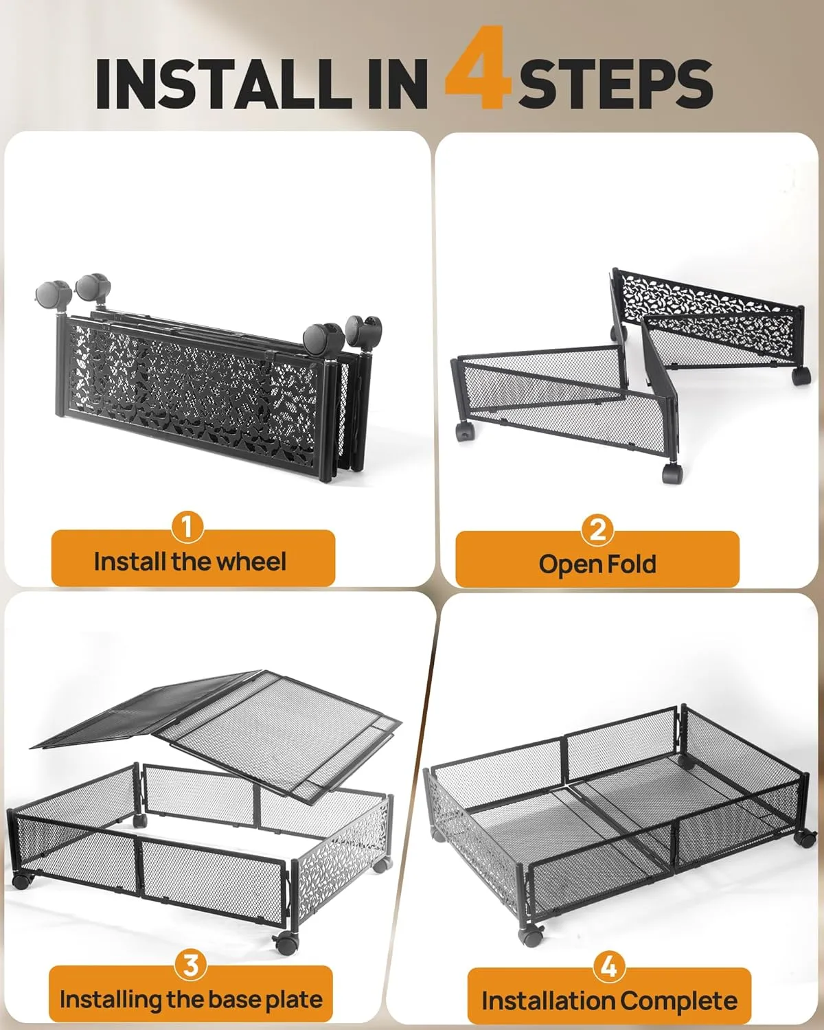 Under Bed Storage with Wheels, Foldable Pattern Carved Metal Under Bed Storage Containers, 60L Rolling Underbed Storage, Easy Assembly Under The Bed Storage for Shoes, Clothes, Blankets...