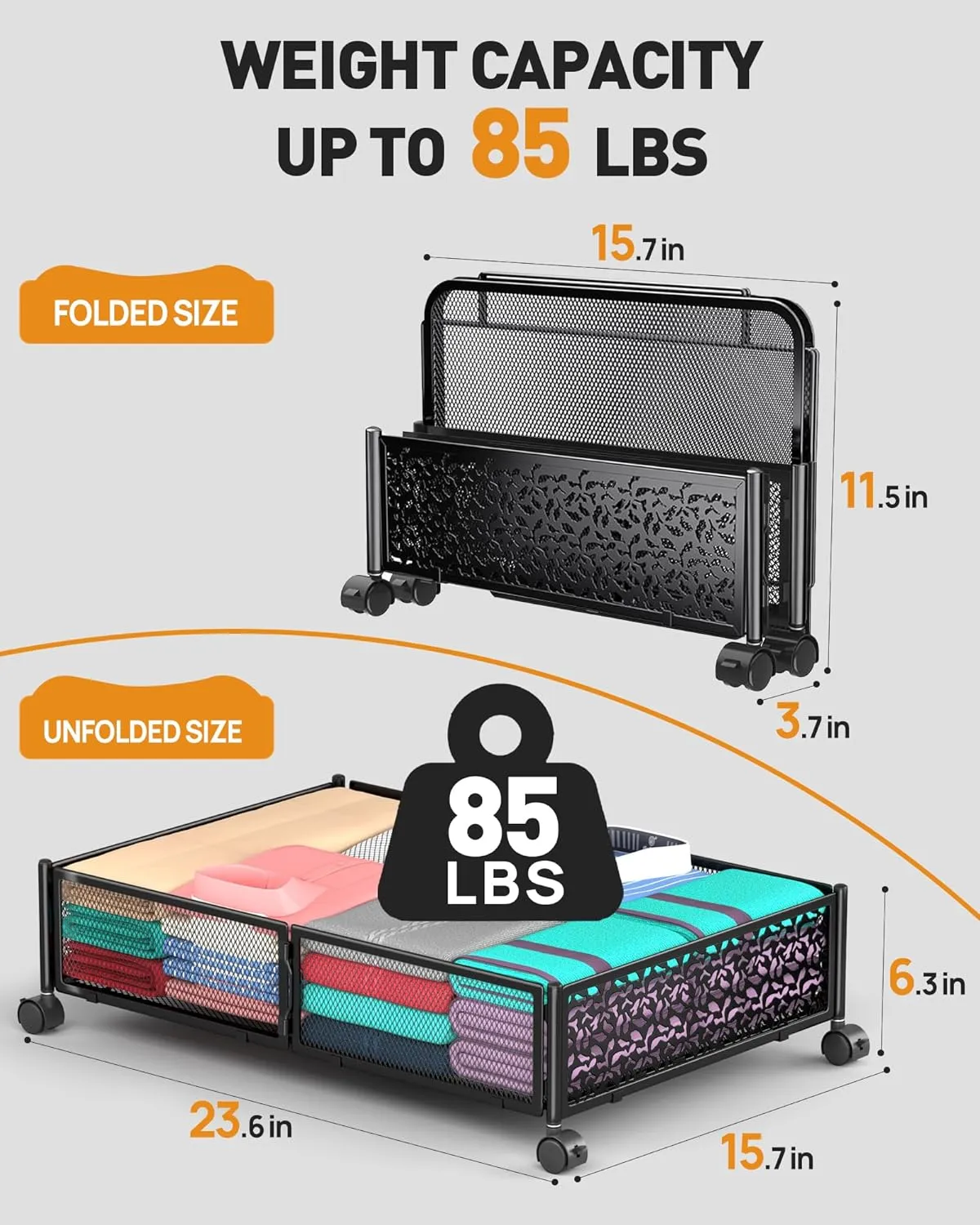 Under Bed Storage with Wheels, Foldable Pattern Carved Metal Under Bed Storage Containers, 60L Rolling Underbed Storage, Easy Assembly Under The Bed Storage for Shoes, Clothes, Blankets...