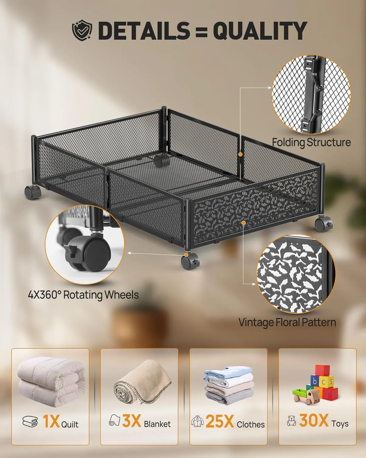 Under Bed Storage with Wheels, Foldable Pattern Carved Metal Under Bed Storage Containers, 60L Rolling Underbed Storage, Easy Assembly Under The Bed Storage for Shoes, Clothes, Blankets...