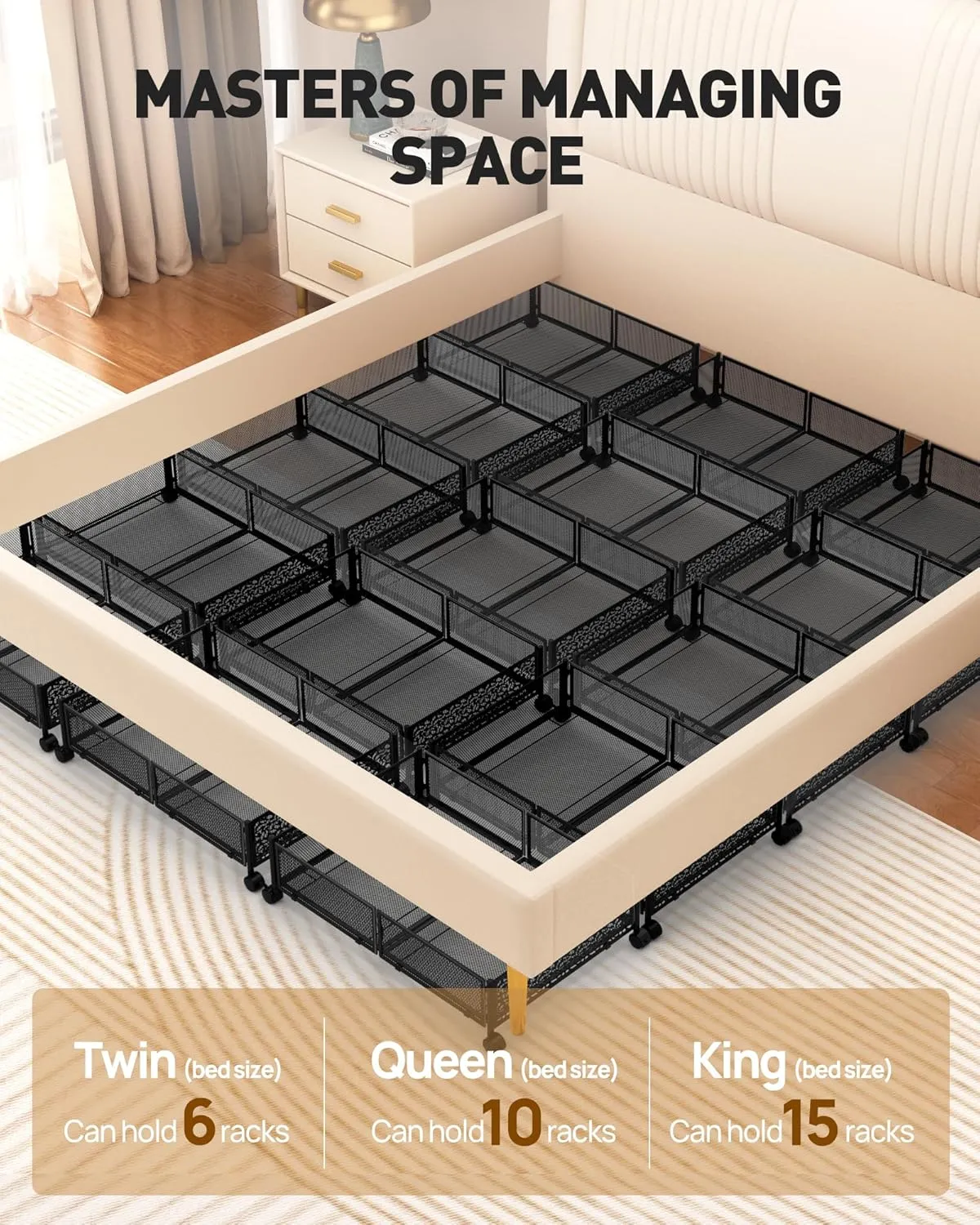 Under Bed Storage with Wheels, Foldable Pattern Carved Metal Under Bed Storage Containers, 60L Rolling Underbed Storage, Easy Assembly Under The Bed Storage for Shoes, Clothes, Blankets...