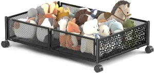 Under Bed Storage with Wheels, Foldable Pattern Carved Metal Under Bed Storage Containers, 60L Rolling Underbed Storage, Easy Assembly Under The Bed Storage for Shoes, Clothes, Blankets...
