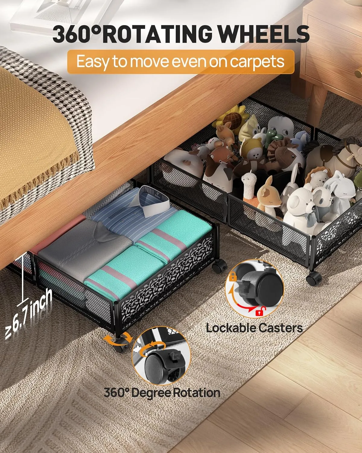 Under Bed Storage with Wheels, Foldable Pattern Carved Metal Under Bed Storage Containers, 60L Rolling Underbed Storage, Easy Assembly Under The Bed Storage for Shoes, Clothes, Blankets...