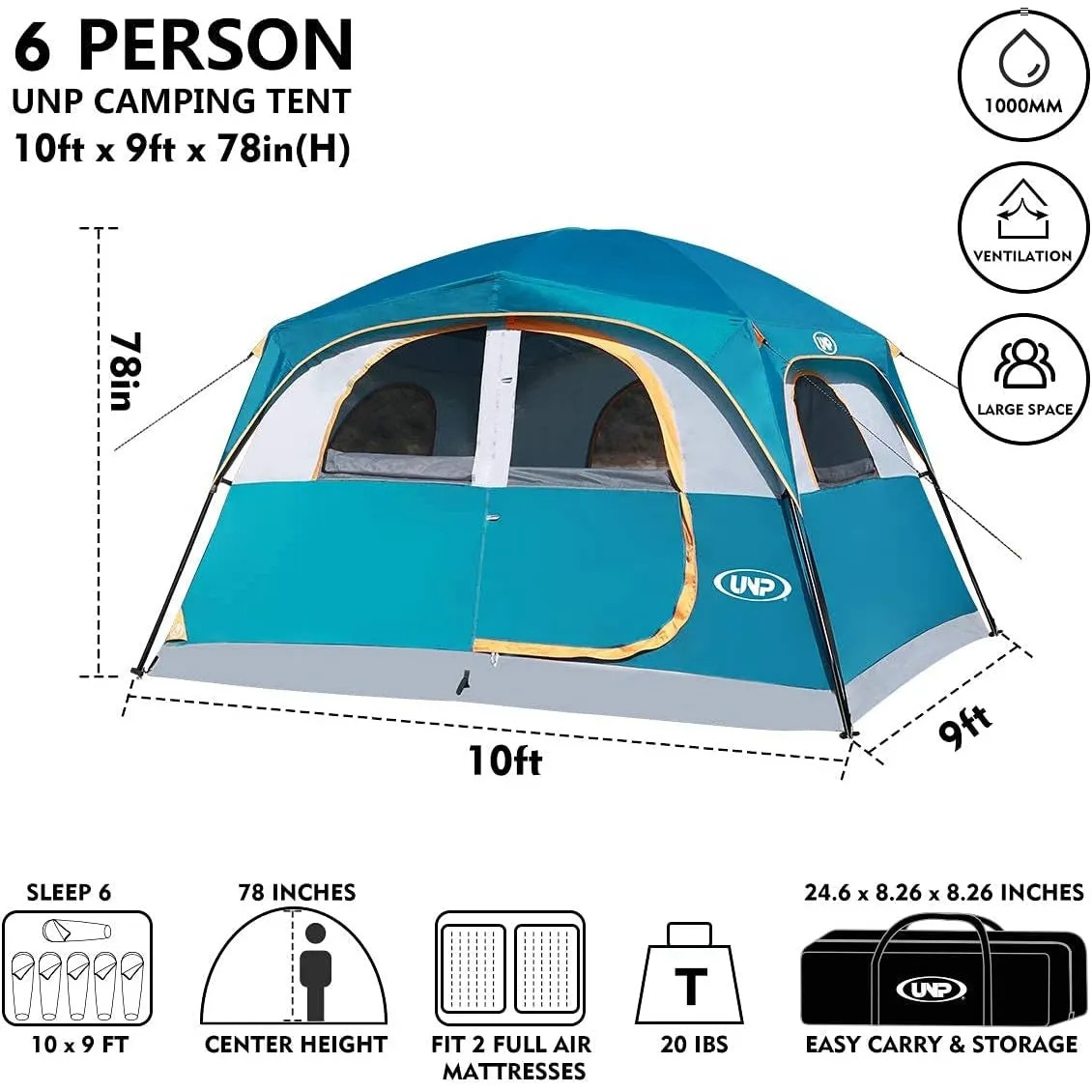 UNP Tents 6 Person Waterproof Windproof Easy Setup,Double Layer Family Camping Tent with 1 Mesh Door & 5 Large Mesh Windows -10'X9'X78in(H)