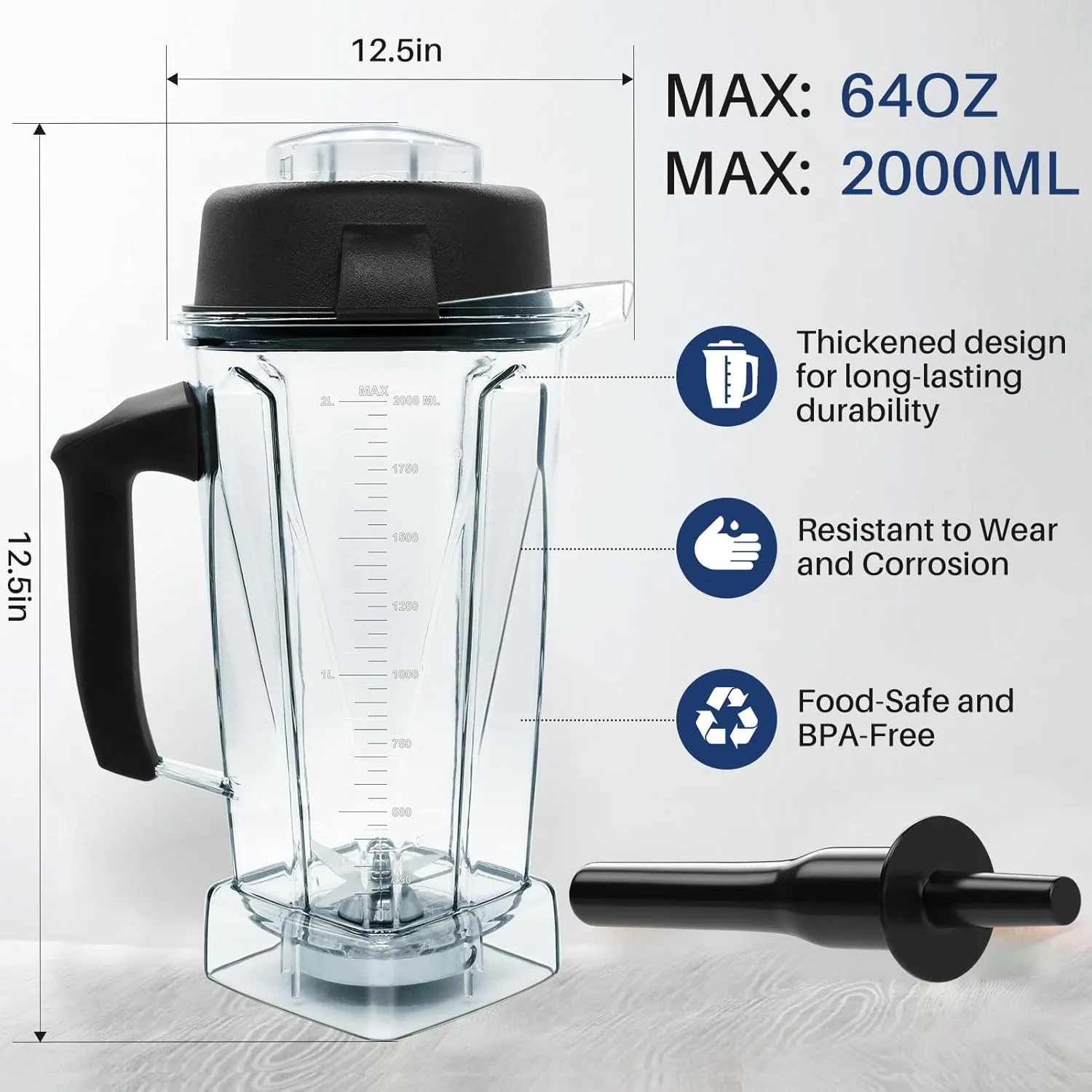 Upgrade For 64oz Vitamix Blender Pitcher with Tamper, Replacement for Vitamix 5200 5300 6000 6300 6500 5000 5500 7500 4500 A2300 et cetera For Vitamix Blender Container Jar Cup, 1 Year Manufacturer