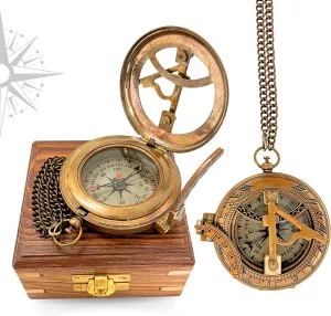 VARTH Push Button Sundial Compass with Wooden Box, Customizable, Gift for Travel, Hiking, Camping, Wedding, Antique