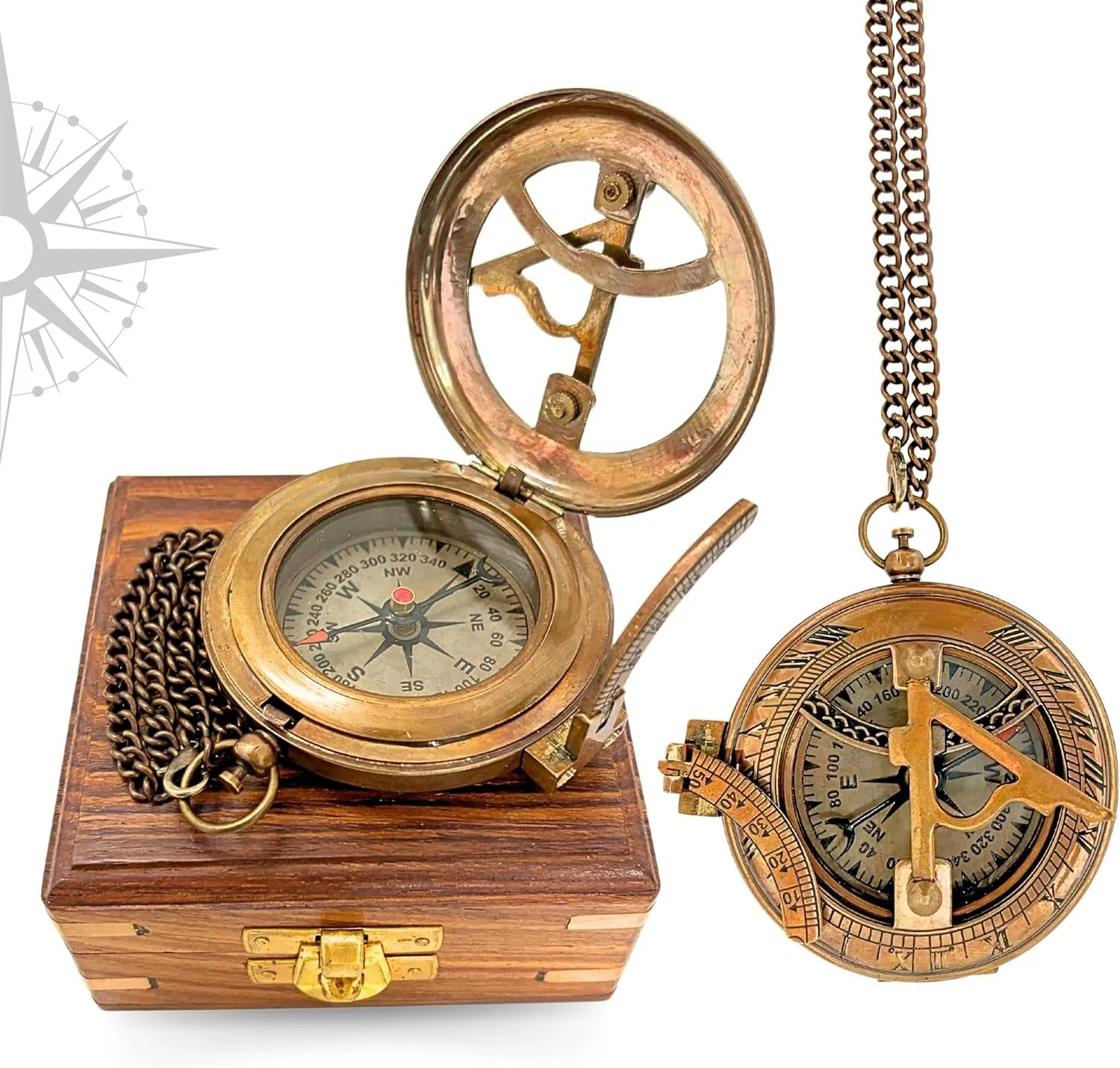 VARTH Push Button Sundial Compass with Wooden Box, Customizable, Gift for Travel, Hiking, Camping, Wedding, Antique