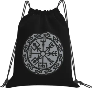 Vegvisir Iceland Runes Compass Vikings Futhark Drawstring Bags, Lightweight Gym Sack with Adjustable Cord, Water-Resistant Sports Backpack for Men Women, Travel, Yoga, College (Black)