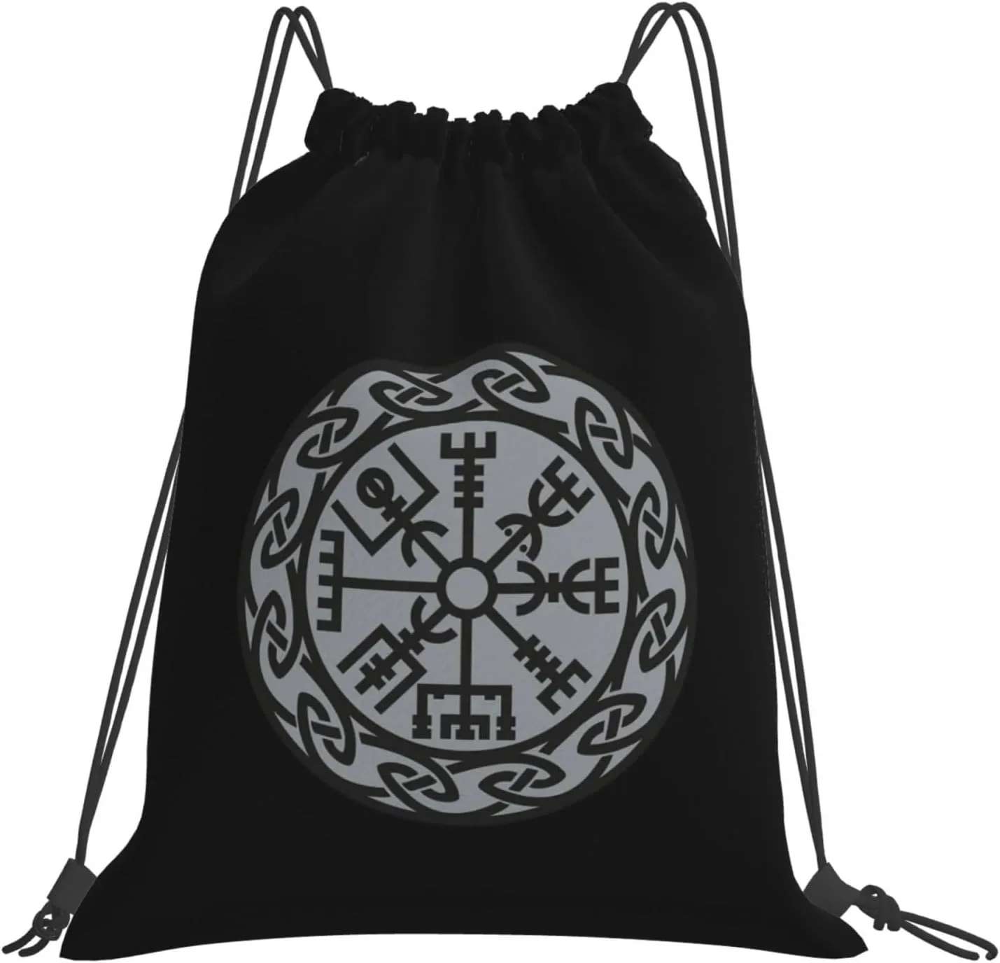 Vegvisir Iceland Runes Compass Vikings Futhark Drawstring Bags, Lightweight Gym Sack with Adjustable Cord, Water-Resistant Sports Backpack for Men Women, Travel, Yoga, College (Black)