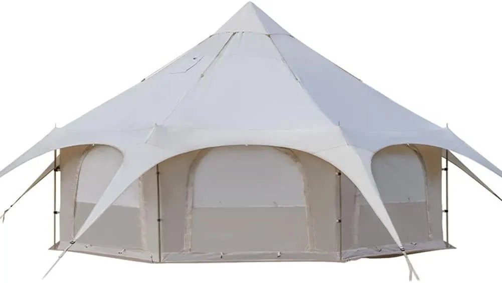 VejiA Camping Tent Cotton Tent Pyramid Tent Multi-Person Family Glamping Tent Double Layer Large Waterproof Tents for 8-10 Person, 450X450X280CM, Beige