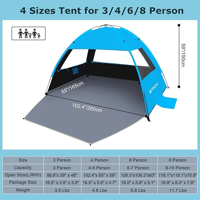 Venustas Beach Tent Sun Shelter for 3/4-5/6-7/8-10 Person, UPF 50  UV Protection Beach Canopy, Lightweight and Easy Setup Cabana, Portable Beach Shade Tent