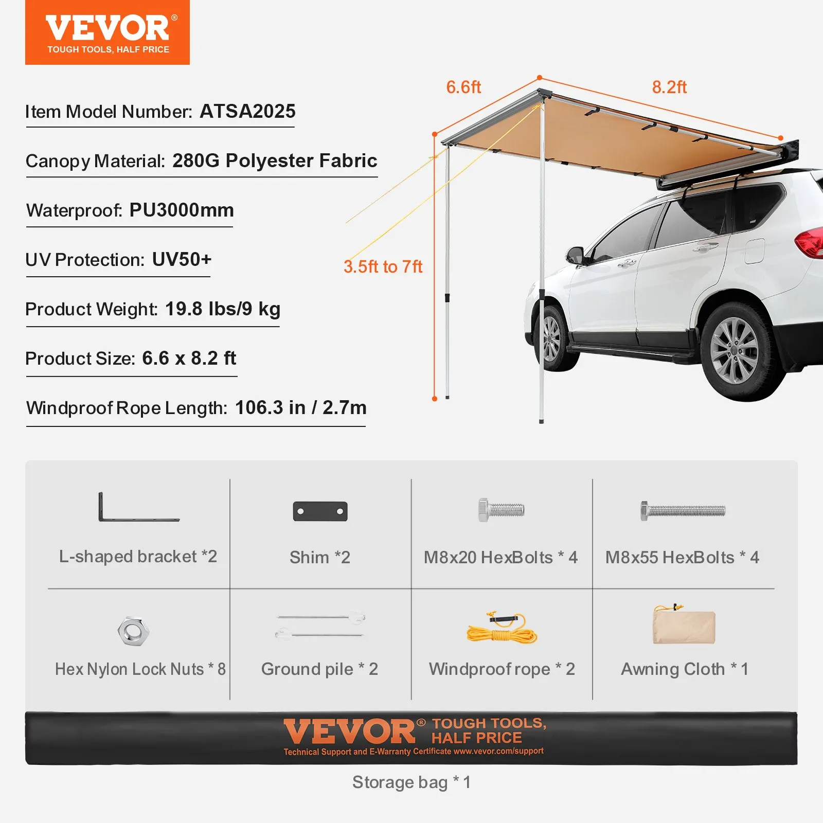 VEVOR Car Side Awning, Large 6.6' x 8.2' Shade Coverage Vehicle Awning, PU3000mm UV50  Retractable Car Awning with Waterproof Storage Bag, Height Adjustable, Suitable for Truck, SUV, Van, Campers