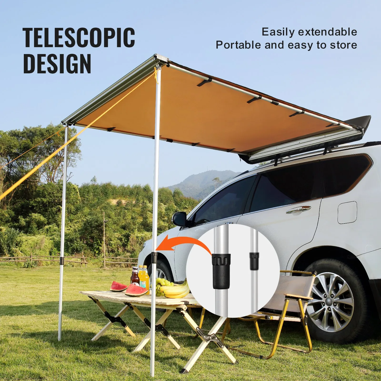 VEVOR Car Side Awning, Large 6.6' x 8.2' Shade Coverage Vehicle Awning, PU3000mm UV50  Retractable Car Awning with Waterproof Storage Bag, Height Adjustable, Suitable for Truck, SUV, Van, Campers