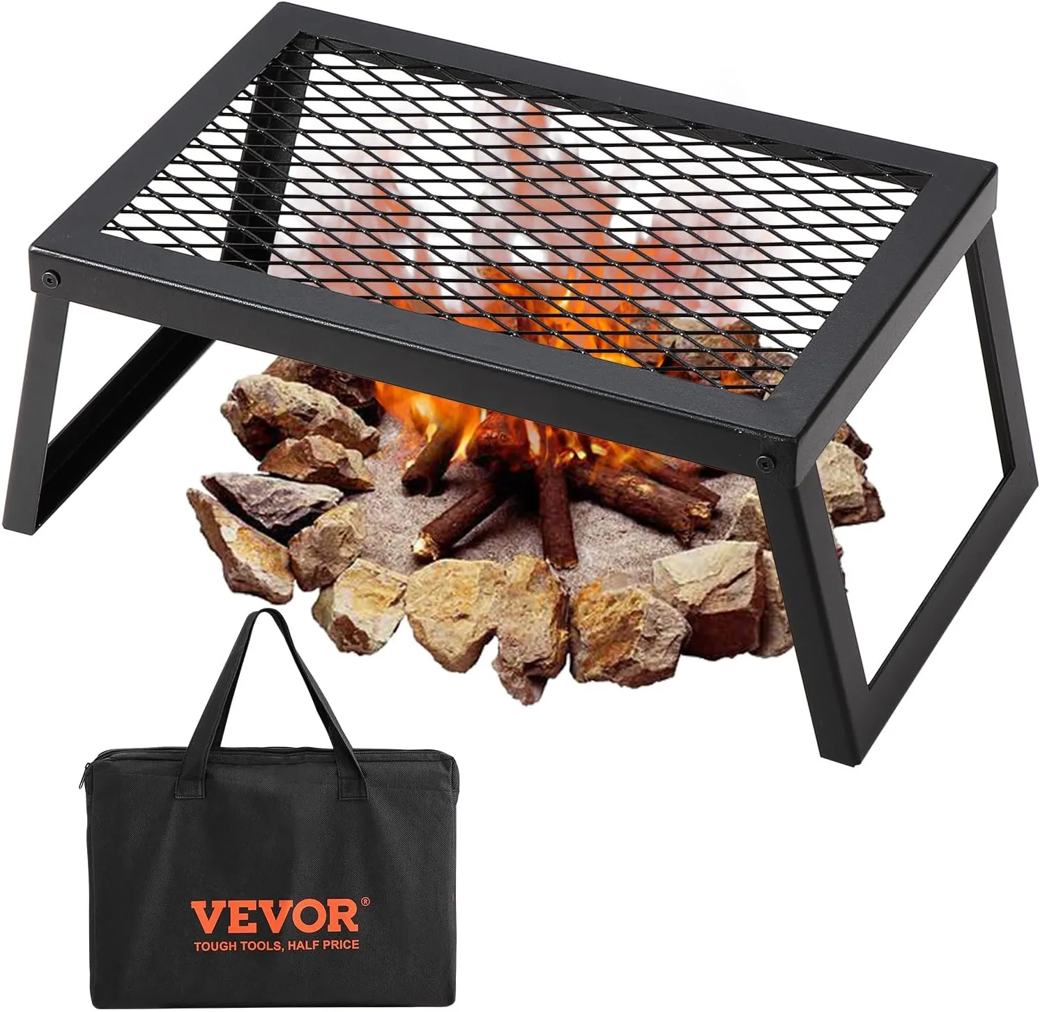 VEVOR Folding Campfire Grill, Heavy Duty Steel Mesh Grate, 18" Portable Camping Grates Over Fire Pit, Camp Fire Cooking Equipment with Legs Carrying Bag, Grilling Rack for Outdoor Open Flame Cooking