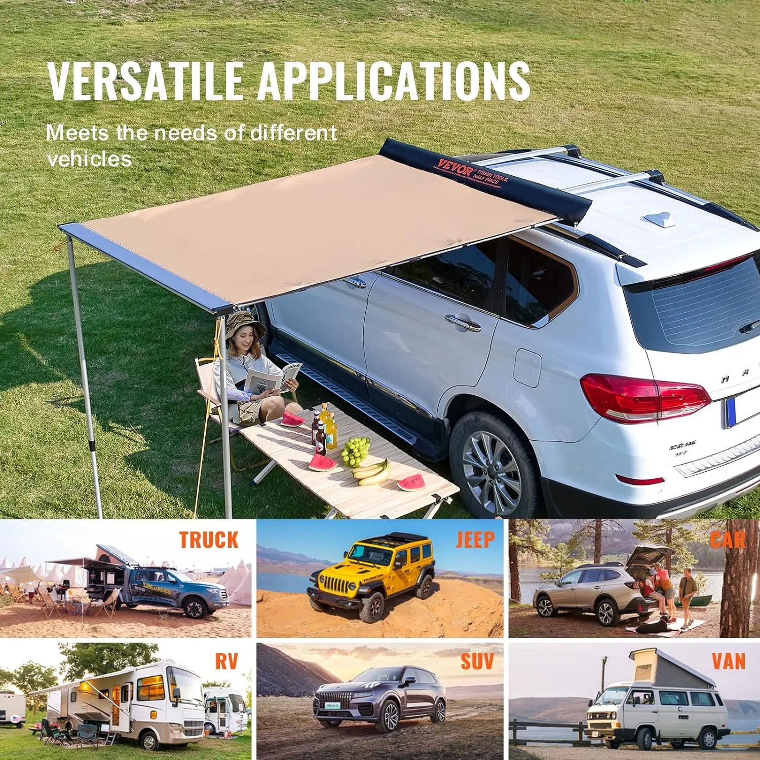 VEVOR Vehicle Awning 4.6'x6.6' Roof Rack Pull-Out Sun Shade UV50  PU3000mm, Retractable Weatherproof 4x4 Side Awning for SUV Outdoor Camping & Overland (Hardware Included), w/Waterproof Storage Bag