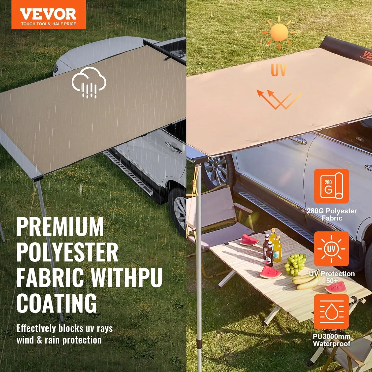 VEVOR Vehicle Awning 4.6'x6.6' Roof Rack Pull-Out Sun Shade UV50  PU3000mm, Retractable Weatherproof 4x4 Side Awning for SUV Outdoor Camping & Overland (Hardware Included), w/Waterproof Storage Bag