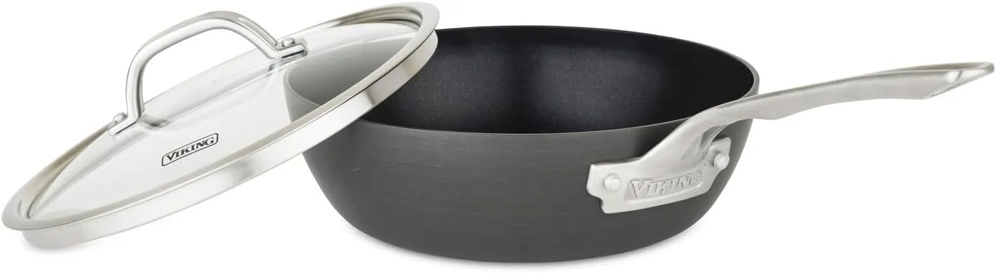 Viking Non Stick Saucier Pan with Glass Lid, 3 Quart Hard Anodized Sauce Cooking Pot, Dishwasher and Oven Safe, Induction Ready, Gray