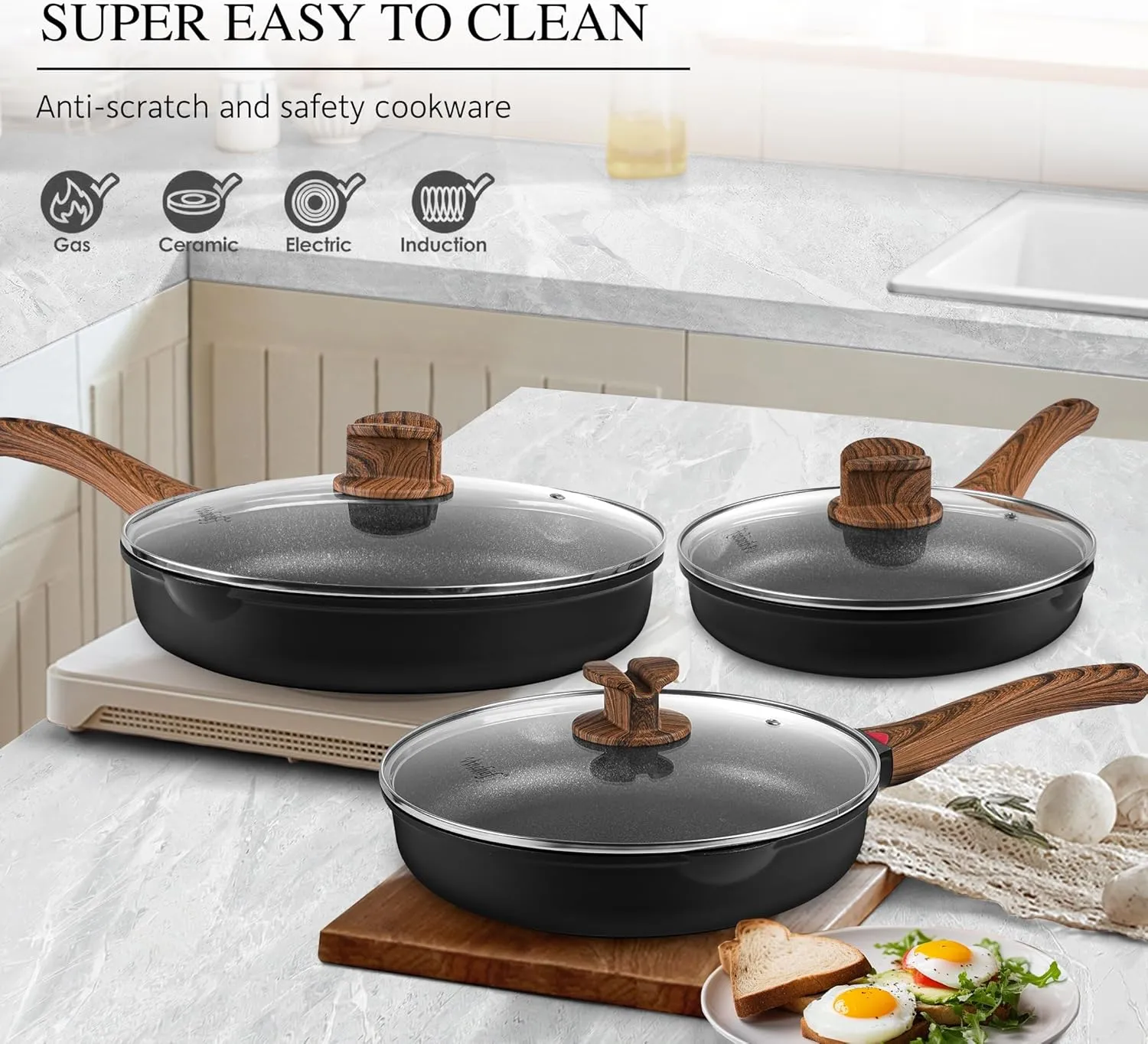 Vinchef 11" Non Stick Frying Pans, Skillet with Lid Used for All Stoves, Induction Non Toxic Cookware, Cooking Pans Nonstick Capable of Kitchen