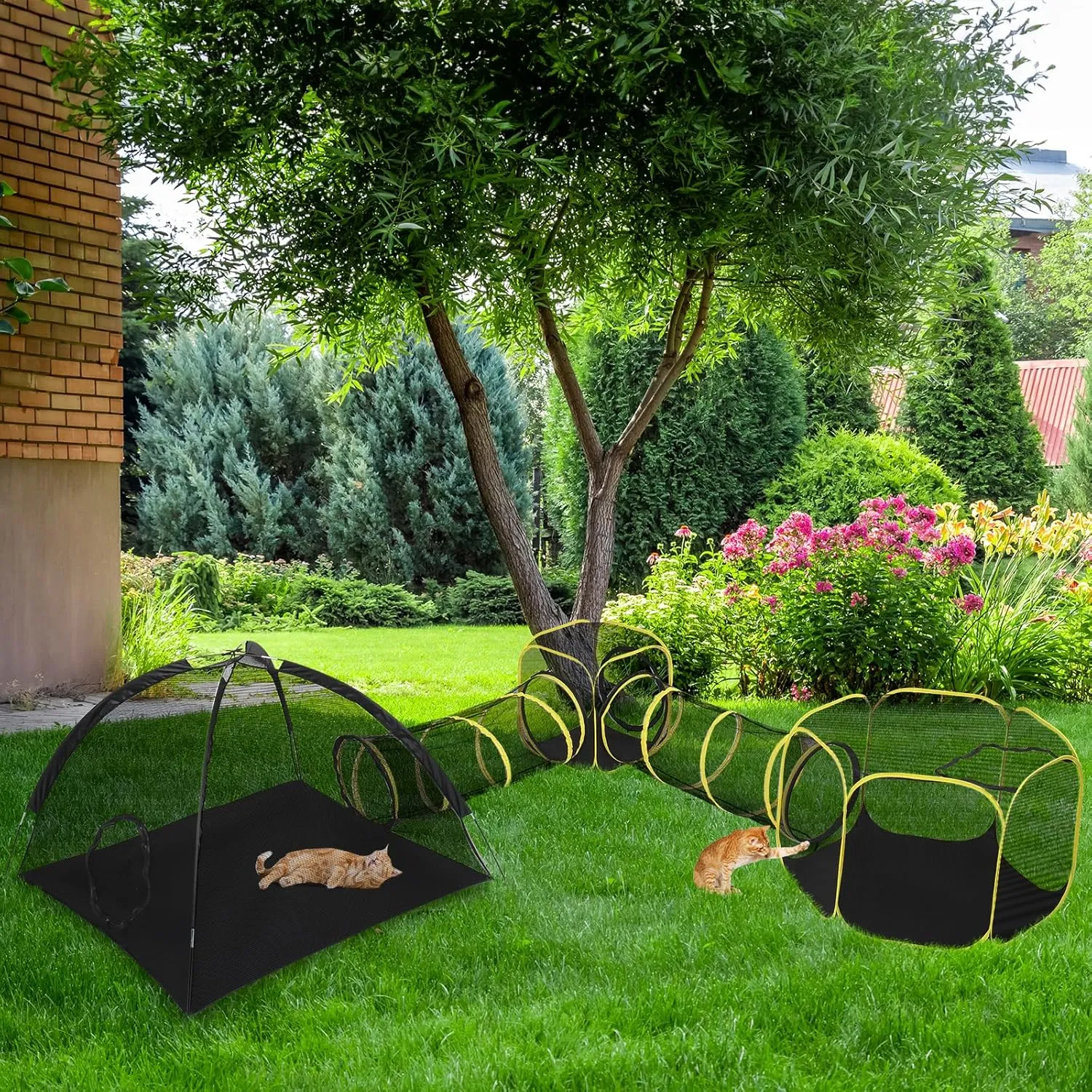 VINGLI Cat Tunnel, Portable Kitten Tent, Indoor & Outdoor Collapsible Enclosure, Large Catio, Outdoor Tunnels for Small Animals with Storage Bag (Black&Yellow, 5 in 1)