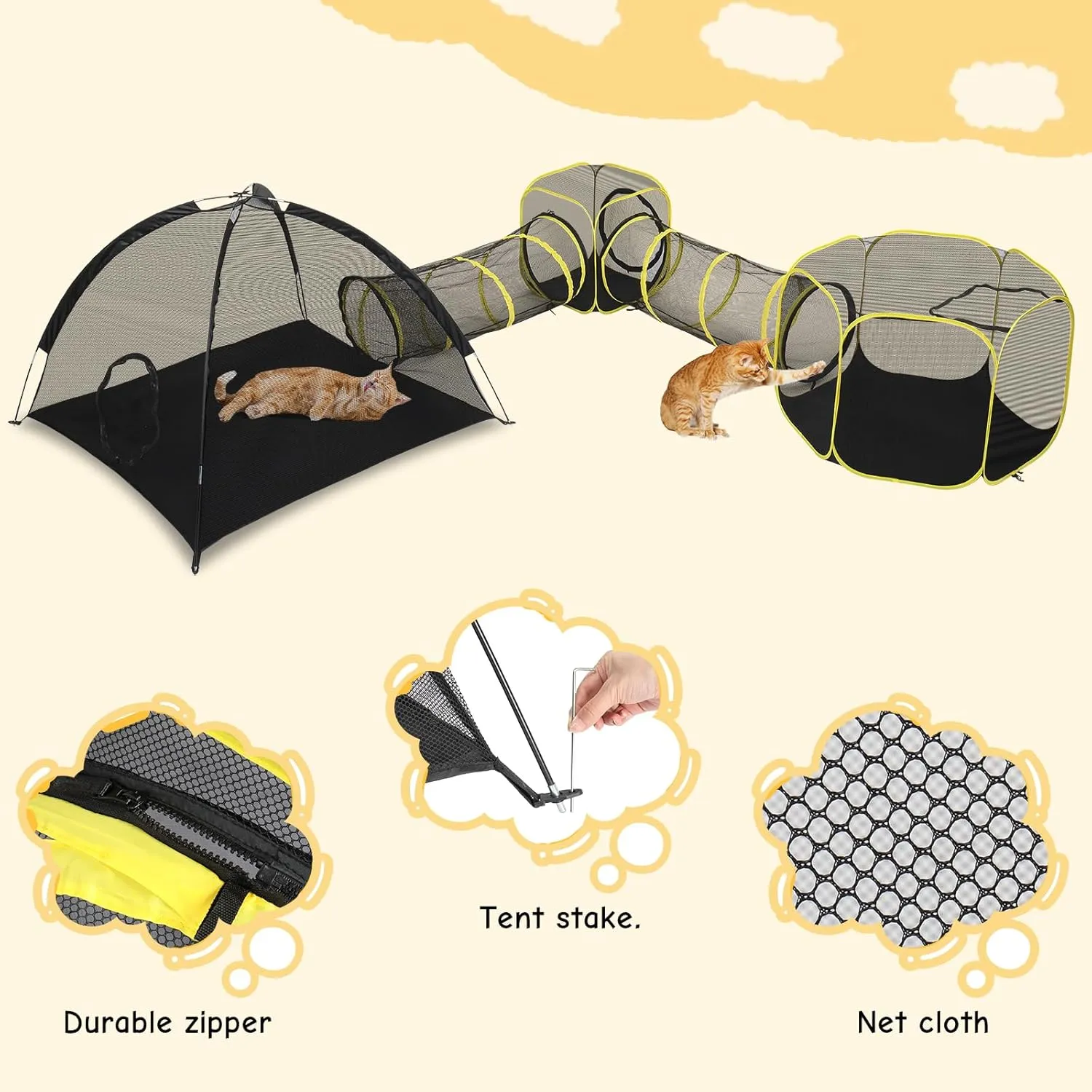 VINGLI Cat Tunnel, Portable Kitten Tent, Indoor & Outdoor Collapsible Enclosure, Large Catio, Outdoor Tunnels for Small Animals with Storage Bag (Black&Yellow, 5 in 1)