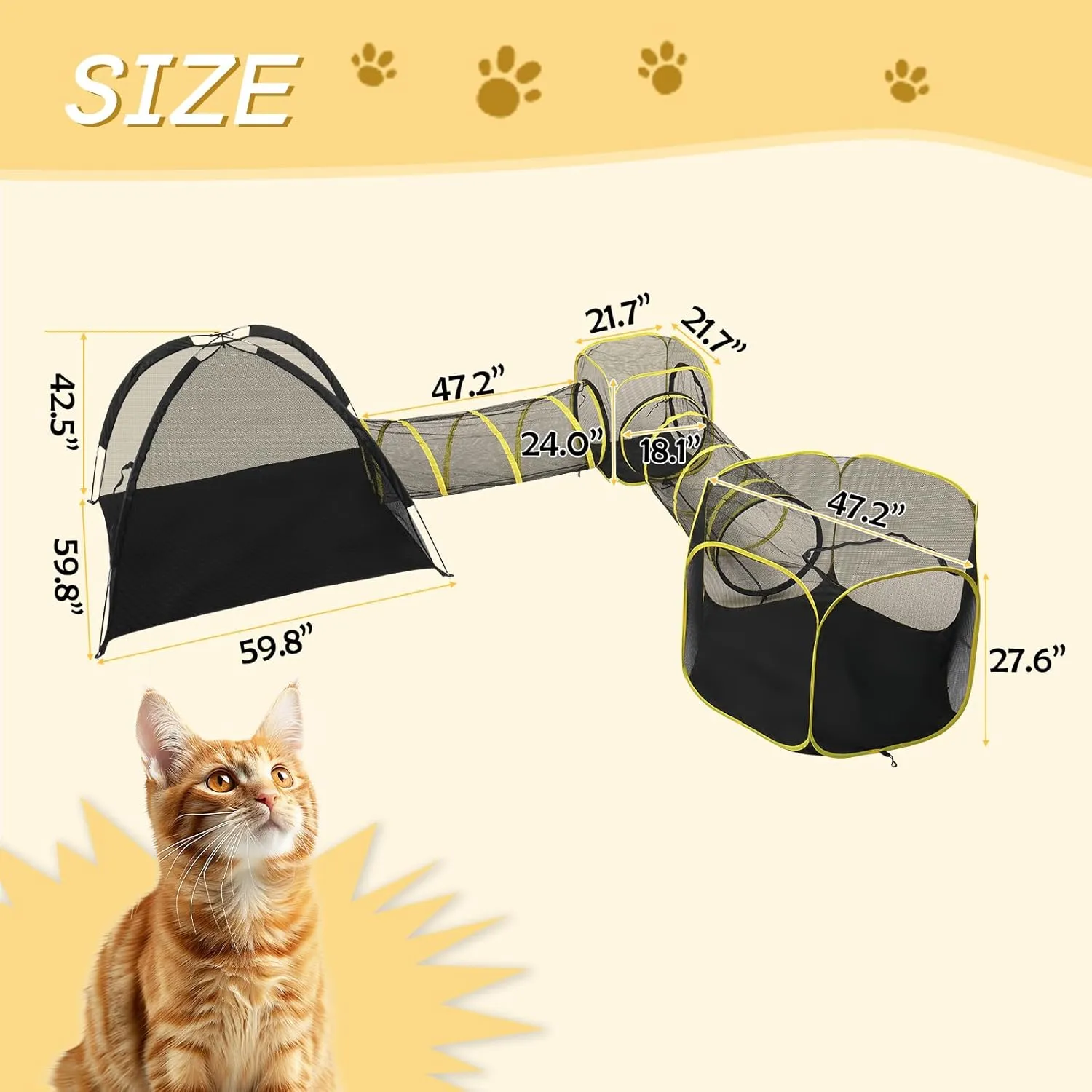 VINGLI Cat Tunnel, Portable Kitten Tent, Indoor & Outdoor Collapsible Enclosure, Large Catio, Outdoor Tunnels for Small Animals with Storage Bag (Black&Yellow, 5 in 1)