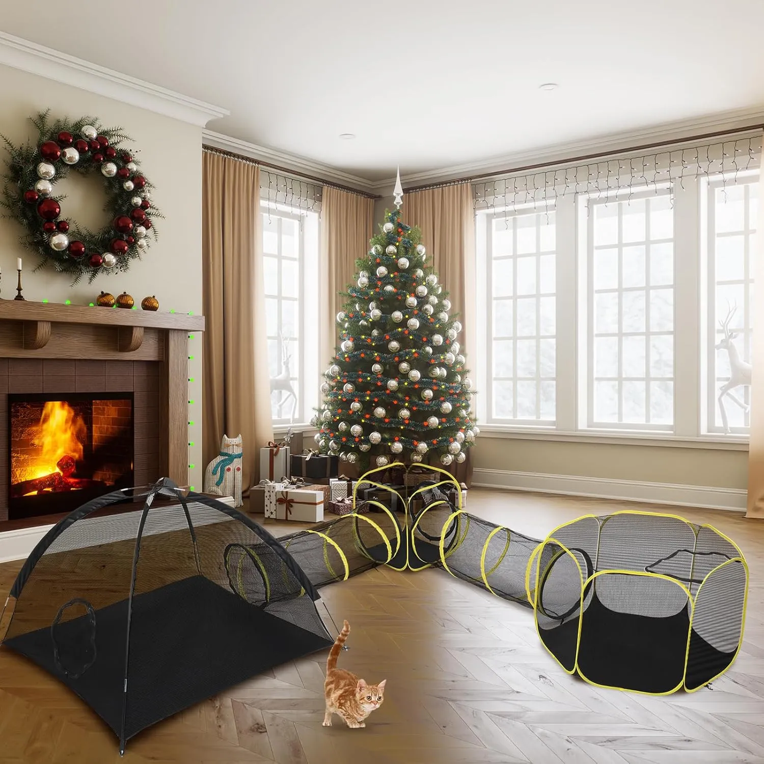 VINGLI Cat Tunnel, Portable Kitten Tent, Indoor & Outdoor Collapsible Enclosure, Large Catio, Outdoor Tunnels for Small Animals with Storage Bag (Black&Yellow, 5 in 1)