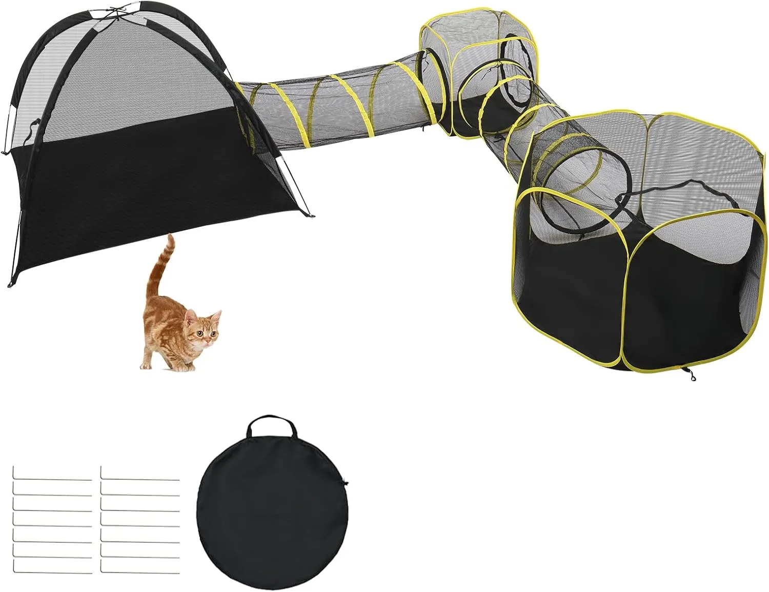 VINGLI Cat Tunnel, Portable Kitten Tent, Indoor & Outdoor Collapsible Enclosure, Large Catio, Outdoor Tunnels for Small Animals with Storage Bag (Black&Yellow, 5 in 1)
