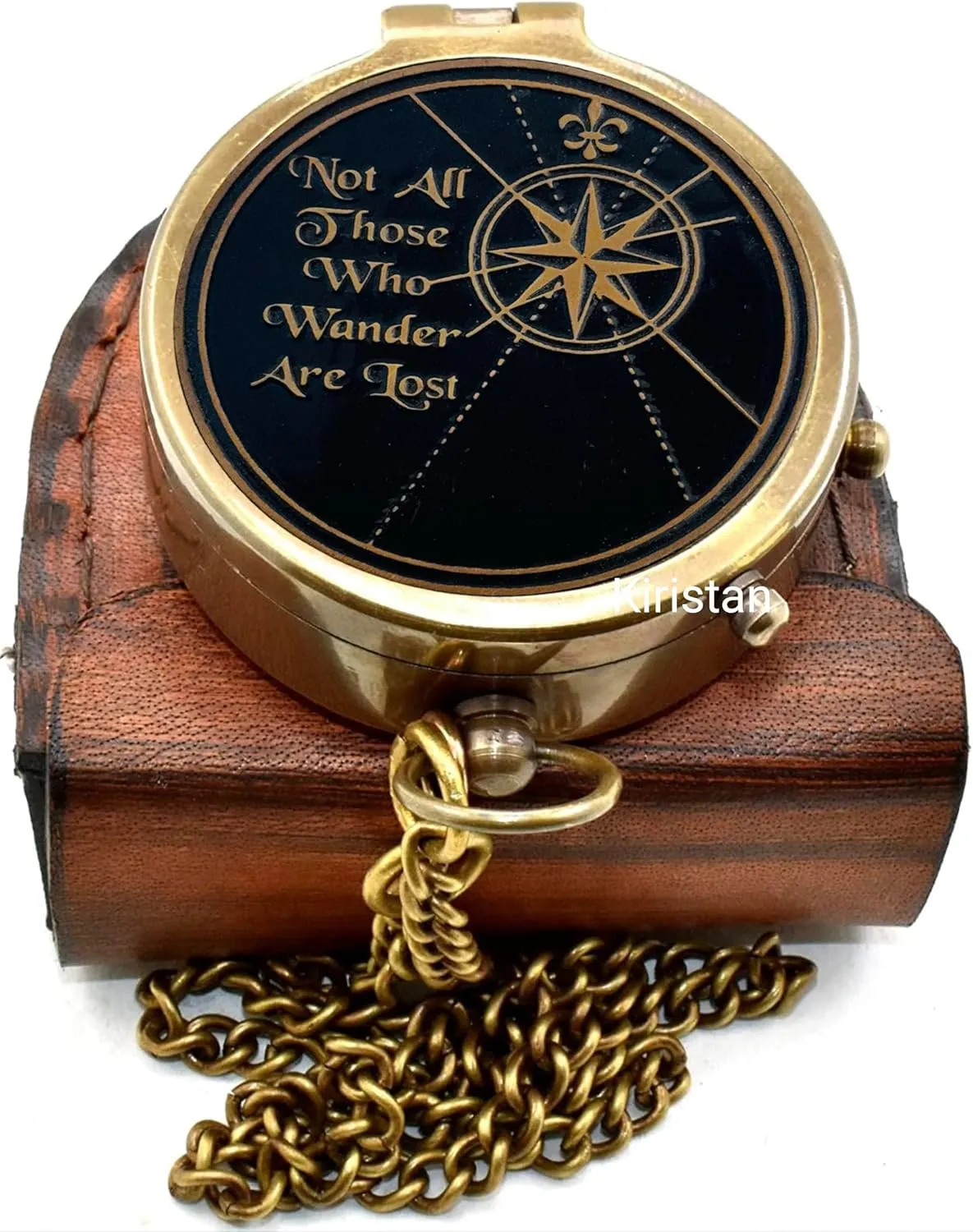 Vintage Brass 2 Inch Compass Not All Those Who Wander are Lost | Engraved Pocket Chain Compass with Leather Case for Outdoor Hiking Traveling Use
